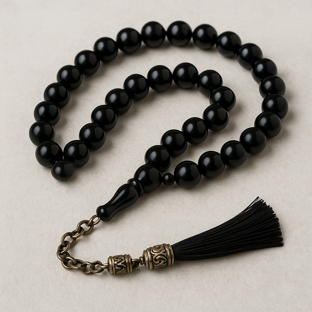 Elegant Black Onyx-Style 33-Bead Tasbih – Handmade Prayer Beads with Antique Chain and Tassel