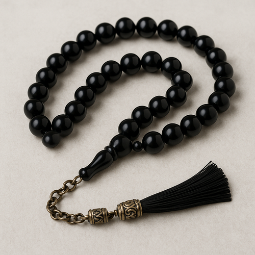 Elegant Black Onyx-Style 33-Bead Tasbih – Handmade Prayer Beads with Antique Chain and Tassel