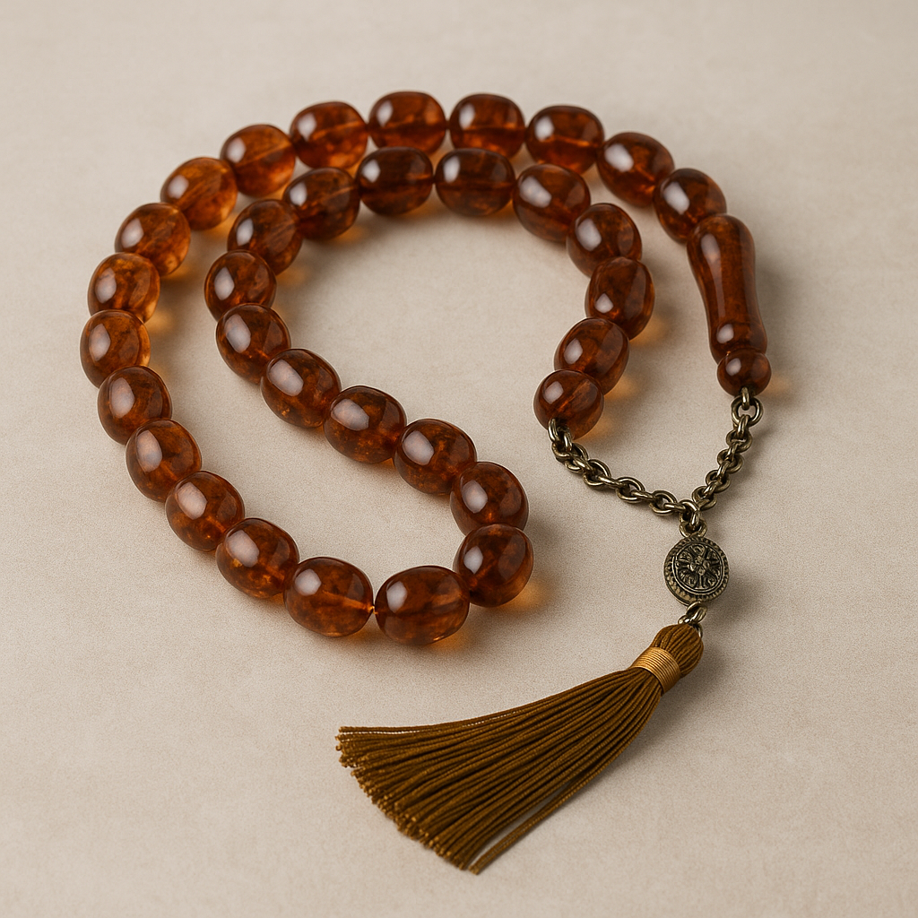 Premium Cognac Amber-Style 33-Bead Tasbih – Luxury Islamic Prayer Beads with Filigree Tassel