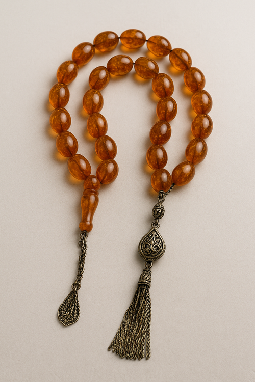 Luxury Ottoman-Style 33-Bead Amber Tasbih – Collectible Islamic Prayer Beads with Filigree Drop Tassel
