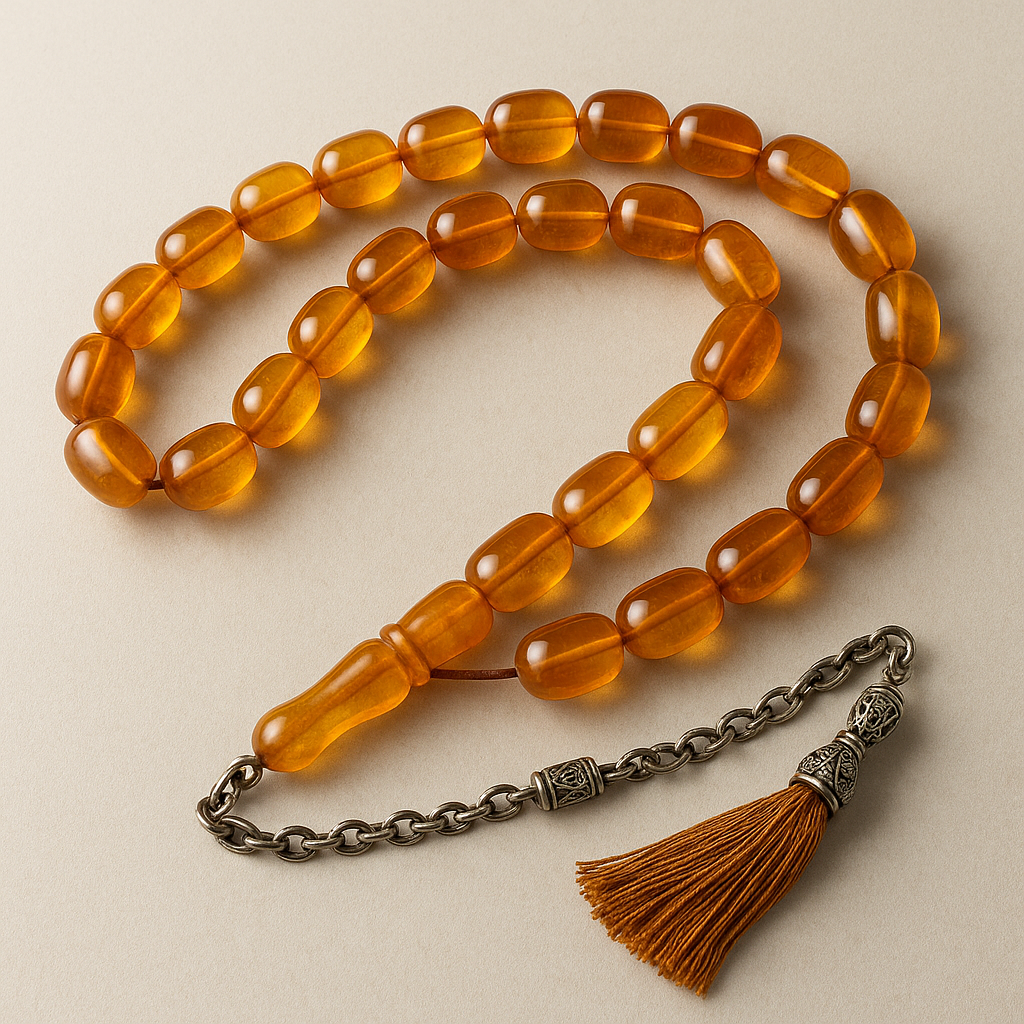 Amber-Style 33-Bead Prayer Beads with Antique Tassel – Handmade Spiritual Tasbih